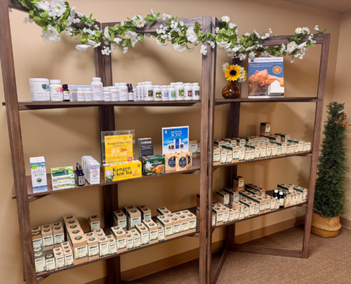 Shelves stocked full with nutritional supplements.