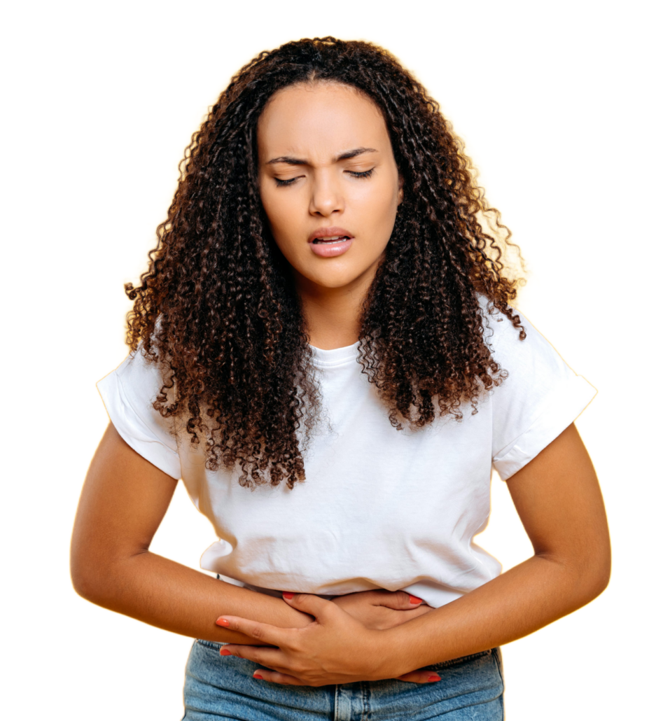 woman holding her stomach looking uncomfortable